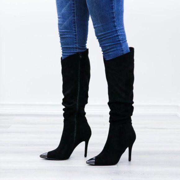 Pointy Toe Below The Knee Black Boots Faux Suede - Picture 12 of 16